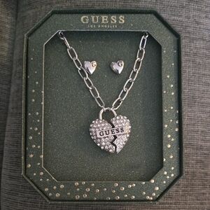 GUESS Silver Heart Necklace and Earrings Set